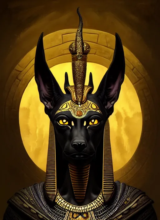 Image similar to angry god anubis, growling jackal with egyptian headdress and nemes, ornate art nouveau scarabs, black and gold palette, symmetry, fantasy, intricate, elegant, highly detailed, colorful, dark colors, dramatic shadow, digital painting, artstation, concept art, art by artgerm and greg rutkowski and ruan jia,