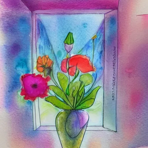 Image similar to a fancy vase with a colorful and beautiful flower arrangement by the fancy window. very stylize and delicate watercolor and pencil drawing. colors splashes. stains. 3 d. beautiful lighting, 4 k post - processing, trending in art station, cg society, view from far.