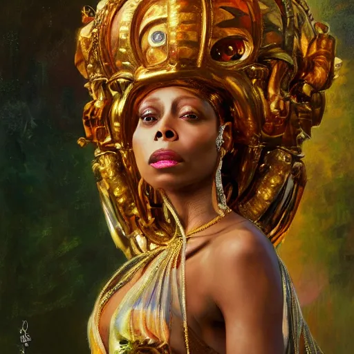 Image similar to Erykah Badu as a golden goddess , A stunning masterpiece, by Stanley Artgerm Lau, greg rutkowski, Thomas kindkade, alphonse mucha, loish, norman Rockwel