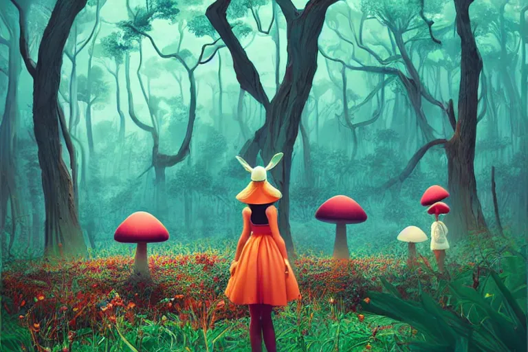 Prompt: alice in wonderland digital illustration by ilya kuvshinov, surreal mushroom forest by beeple