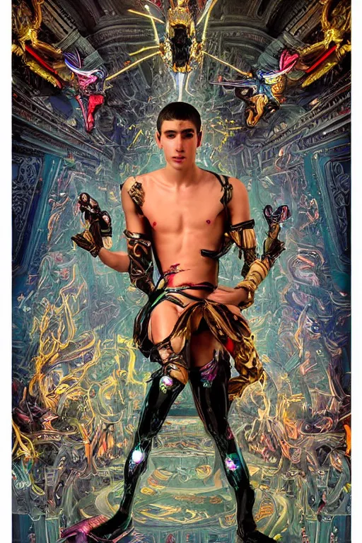 Image similar to full-body bladerunner neon baroque style sculpture of a young handsome Spanish prince as a half cibernetic android with a chest opening exposing circuitry and electric sparks, glowing laser beam eyes, crown of giant diamonds, flowing neon-colored silk, fabric, raptors. baroque elements. full-length view. baroque element. intricate artwork by caravaggio. many many birds birds on background. Trending on artstation, octane render, cinematic lighting from the right, hyper realism, octane render, 8k, depth of field, 3D