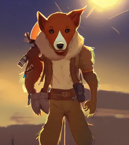 Image similar to stylized three quarters portrait concept art of the anthro anthropomorphic dingo dog head animal person fursona wearing clothes adventurer standing in australia outback, hidari, color page, tankoban, 4 k, tone mapping, akihiko yoshida, clean bright happy