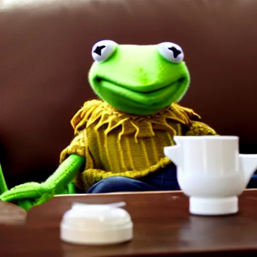 Image similar to candid photo of kermit the frog sitting on the couch smoking out of a bong, kermit the frog in ted ( 2 0 1 2 ) bong rip, kermit the frog, high resolution photo, trending on artstation, interior design, bong rip,