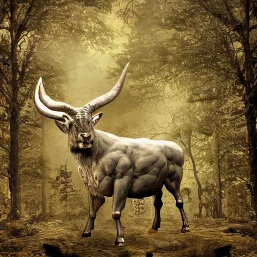 Prompt: artistic photo of minotaur in the forest, dim light, extremely detailed, gold accents