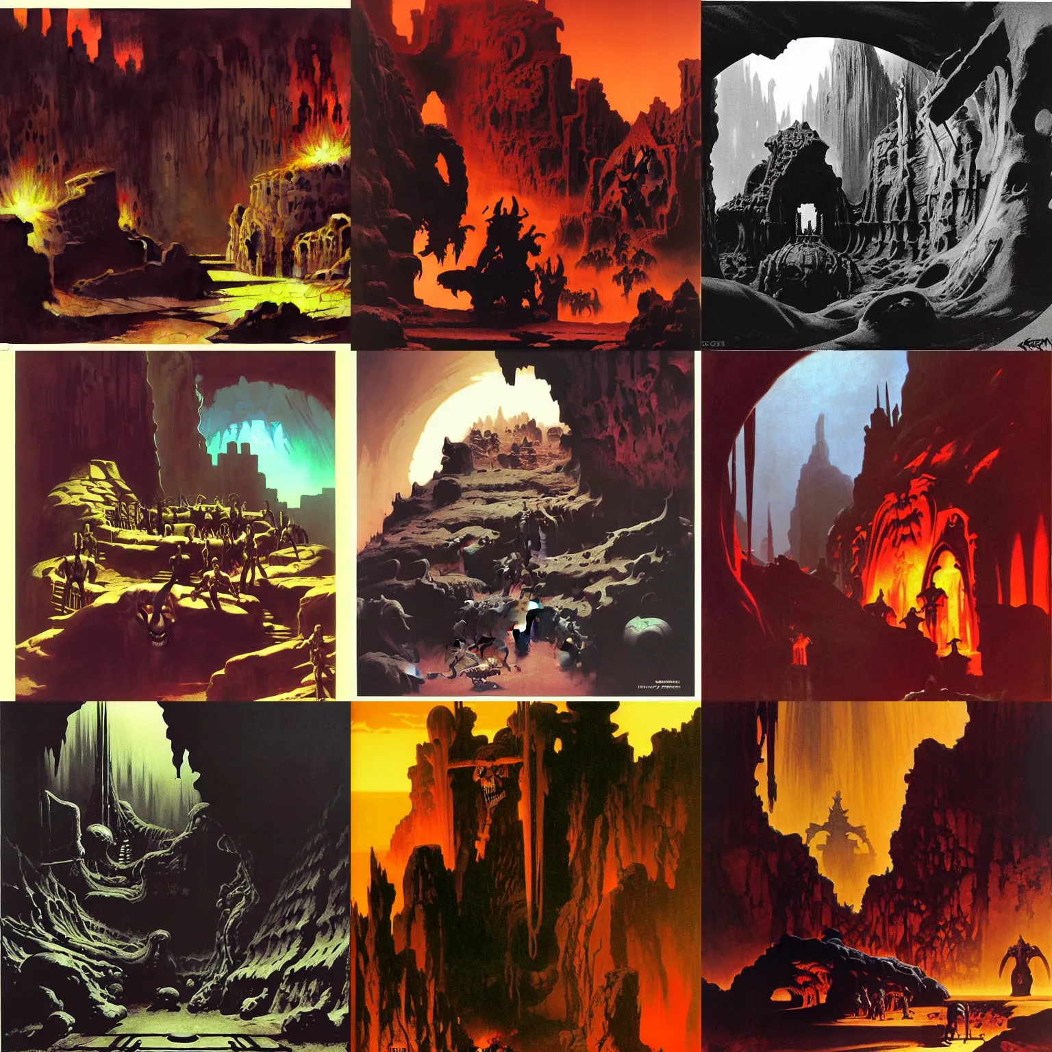 Prompt: hellscape dungeon by syd mead, frank frazetta, ken kelly, simon bisley, richard corben, william - adolphe bouguereau