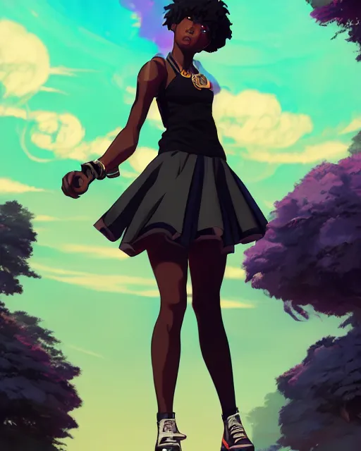 Image similar to a black girl as ( fantasy personification of hiphop ), character design, 9 0 s inspired clothing, unreal engine, ( highly detailed ), smooth, digital illustration by artgerm, tooth wu, studio ghibli, sharp focus, artstation. musical notes, black power fist. a police car, makoto shinkai, global illumination,, blender, maya 8 k