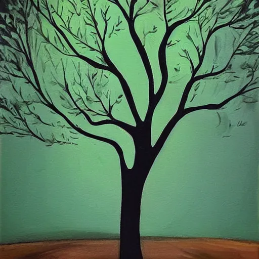 Prompt: a tree that grows around and protects a running girl, her tears feed the tree, painting, dark optimism