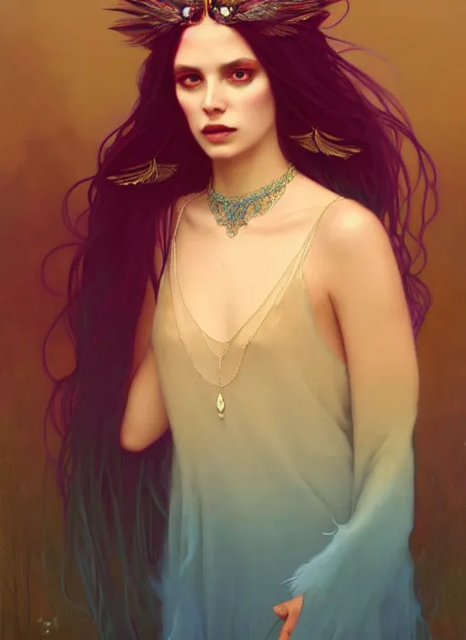 Image similar to ombre velvet gown, feathers, lovely bohemian princess, portrait, long white hair, tiara, dozens of jeweled necklaces, feral languid woman, by greg rutkowski, brom, anato finnstark, alphonse mucha