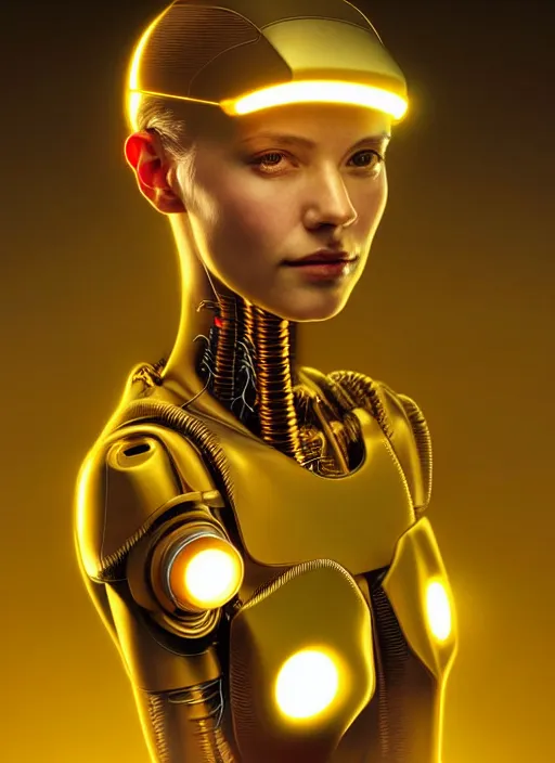 Image similar to Kodak Portra 400, 8K, soft light, volumetric lighting, highly detailed, britt marling style 3/4 ,portrait photo of a beautiful cyborg woman with gold , cyberpunk,sci-fi, fantasy, intricate, elegant, highly detailed, digital painting, artstation, concept art, smooth, sharp focus, illustration, art by artgerm and greg rutkowski and alphonse mucha