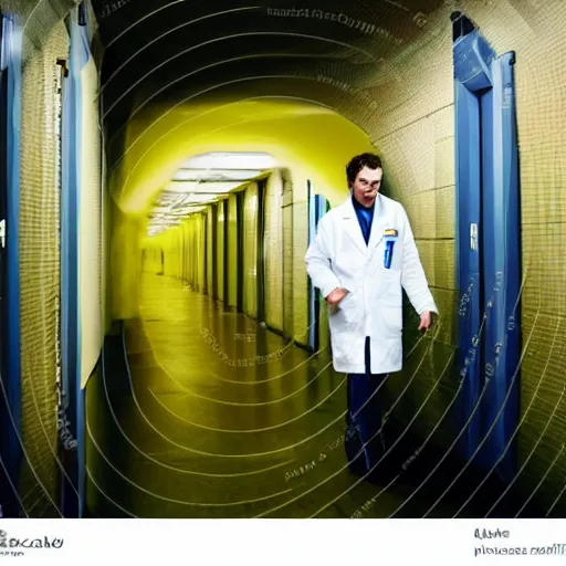 Prompt: a male scientist wearing a lab coat standing lost in the backrooms, mono - yellow old moist carpet infinite liminal space, very dark shadows, fluorescent lighting, horror movie scene, film grain