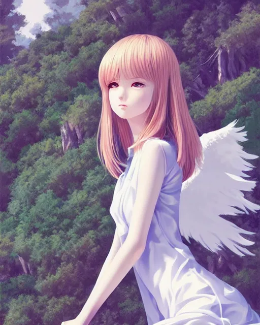 Image similar to infinitely detailed full - body portrait pale female peaceful dream angel wearing elegant clothes. beautiful! scenery art! by wlop & murata range, by ilya kuvshinov. artstation!! / pixiv!!