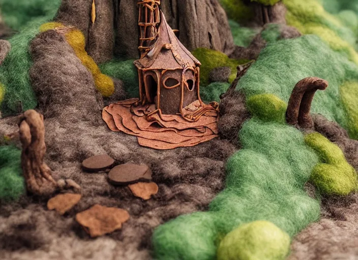 Prompt: high - res photograph of a felt and copper wire sculpture diorama with fantasy castles, highly detailed sculpey diorama, forest setting in iceland, waterfall backdrop, realistic materials, wood, felt, cloth, burlap, copper wire, hot glue, smooth, sharp foccus, commercial product photography,