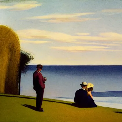 Image similar to A beautiful land art of a man and a woman are standing on a dock, looking out at a body of water. The woman has her hand on the man's shoulder, and they appear to be deep in conversation. The colors in the land art are muted, and the scene has a calming feeling. by Edward Hopper subtle