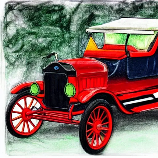 Image similar to a wax crayon sketch of a ford model t