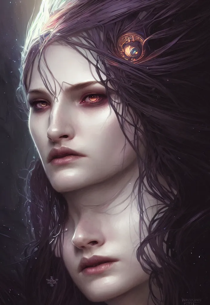 Image similar to Necromancer Sorceress face in center, fantasy magic, undercut hairstyle, dark light night, intricate, elegant, sharp focus, illustration, highly detailed, digital painting, concept art, matte, art by WLOP and Artgerm and Greg Rutkowski and Alphonse Mucha, masterpiece