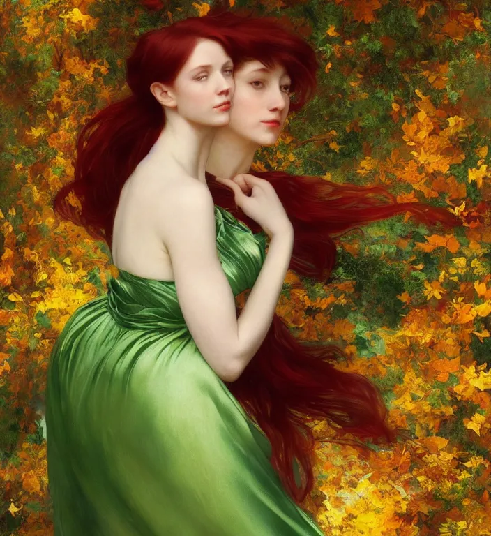 Image similar to portrait of a red haired woman wearing a green satin dress with fine gold filigree, autumn leaves falling, dramatic volumetric lighting, god rays, global illumination, soft, sharp focus, ivy, masterpiece, moss, trending on artstation, painting by Caravaggio and ruan jia and Daytoner and Alphonse Mucha