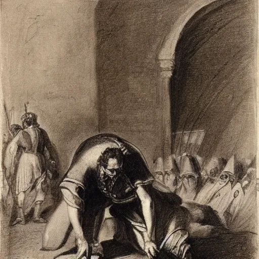 Prompt: napoleon kneeling before the pope, charcoal, delacroix