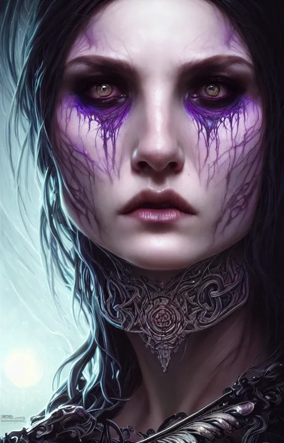 Image similar to Necromancer Sorceress face close-up macro in center, fantasy magic, undercut hairstyle, dark light night, intricate, elegant, sharp focus, illustration, highly detailed, digital painting, concept art, matte, art by WLOP and Artgerm and Greg Rutkowski and Alphonse Mucha, masterpiece