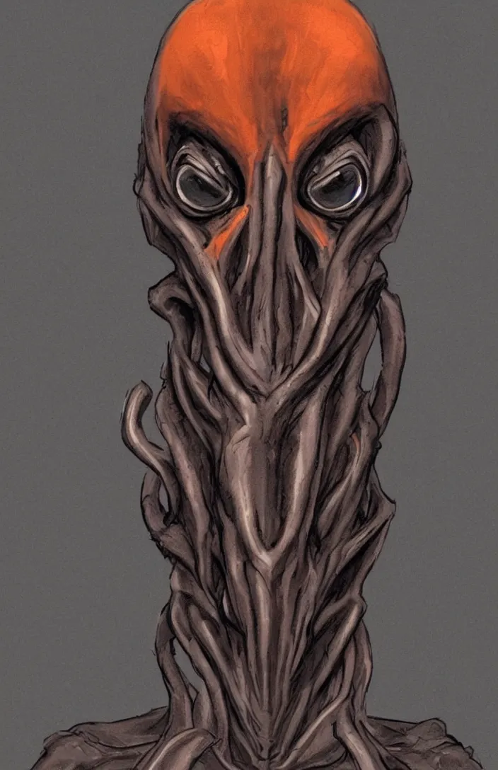 Image similar to concept art of a dark grey skinned humanoid squid man, lovecraftian, alien like, dark grey skinned, long faced, in dark clothes in a dark room, orange eyes, elegant, angry, facing the viewer