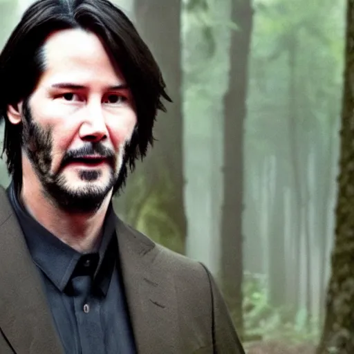 Image similar to Keanu reeves in The woods foggy but clear image 4k detailed