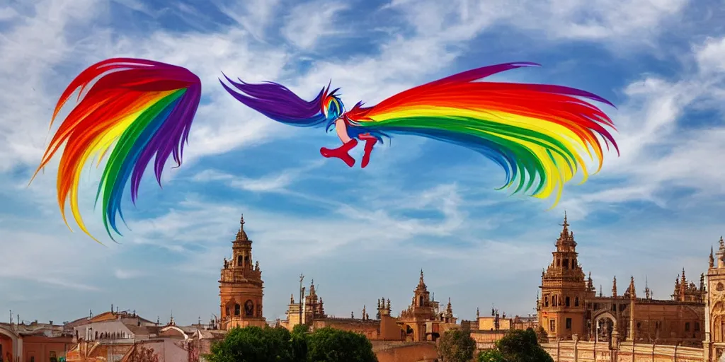 Image similar to rainbow dash flying through the skies of seville