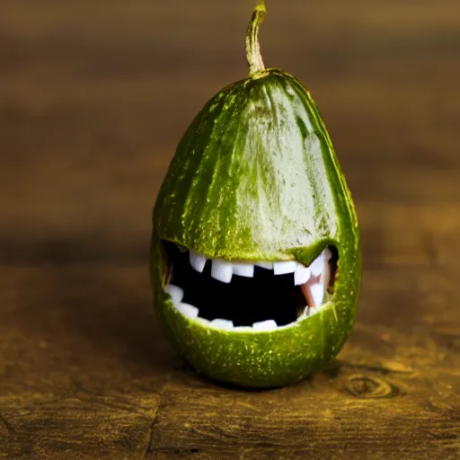 Prompt: photograph of a pickle with a screaming face