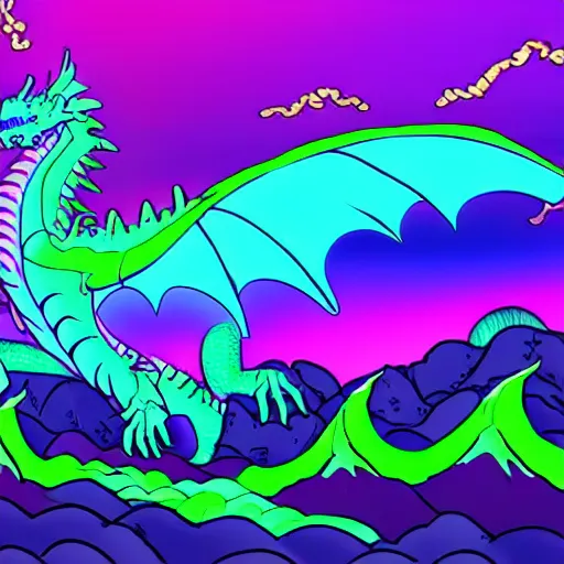 Prompt: synthwave dragon breathing neon green fire and purple eyes with mountains in background and stormy clouds