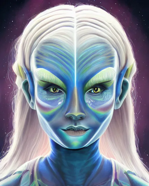 Prompt: a painting head and shoulders portrait of a gorgeous female Nordic alien of pure beauty, made in tones of color, insanely detailed, loony toons style, digital art, trending on artstation, isometric views, 8k