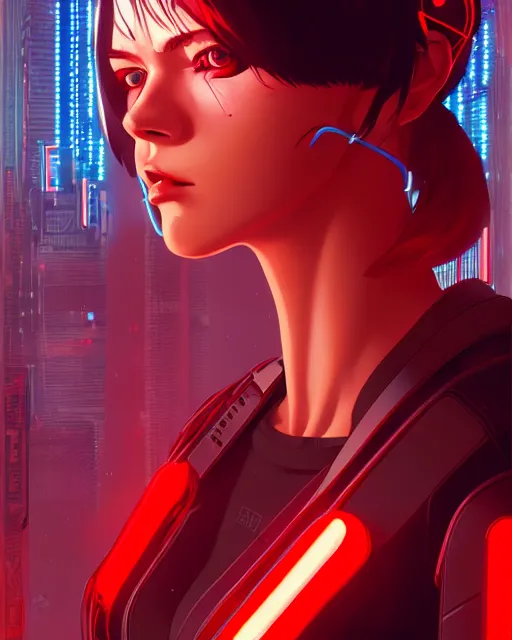 Image similar to a comic potrait of a cyberpunk cyborg girl with black and red parts, fine - face, realistic shaded perfect face, fine details. night setting. very anime style. realistic shaded lighting poster by ilya kuvshinov katsuhiro, unreal engine, global illumination, radiant light, detailed and intricate environment