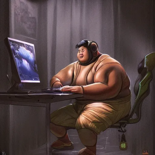 Image similar to an insanely detailed painting of a chubby asian man wearing a homemade superhero costumed, sitting at a computer desk typing on the keyboard, in the style of peter mohrbacher, dramatic lighting and composition, trending on artstation, concept art, comic book, graphic novel