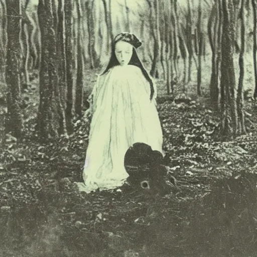 Prompt: spooky 1860 photo of an ancient girl demon devouring the the soul of the human kind on a dark forest