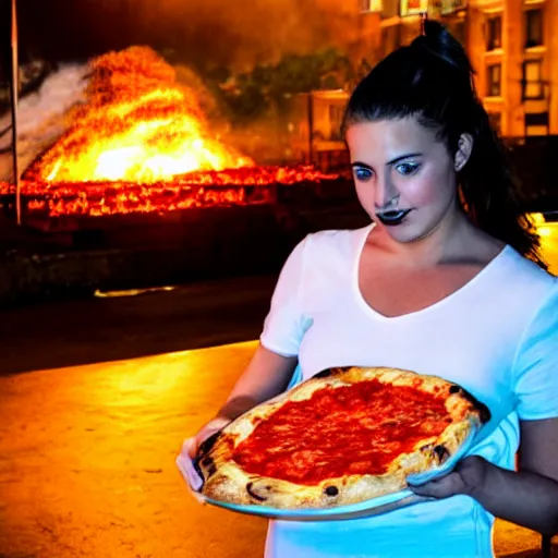 Prompt: sopha lauren is holding a pizza margherita in front of vulcano, spewing red hot lava, dramatic lighting, vibrant colors