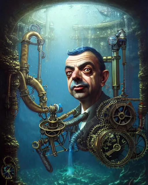 Image similar to underwater steampunk portrait of rowan sebastian atkinson, by tomasz alen kopera and peter mohrbacher