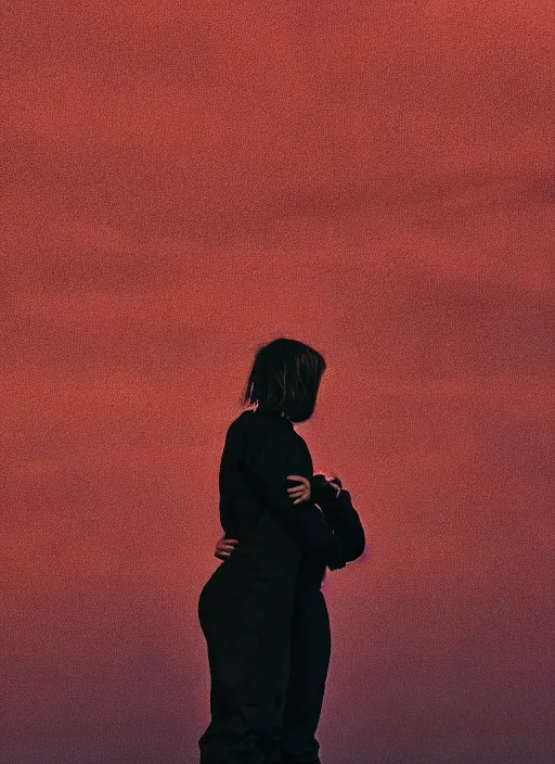 Image similar to cinestill 5 0 d photographic portrait of 2 women holding hands, wearing black techwear in front of a brutalist brushed metal building, closeup, on a desolate plain with a red sky, dystopia, cyberpunk, closeup, depth of field, 4 k, 8 k, hd, full color