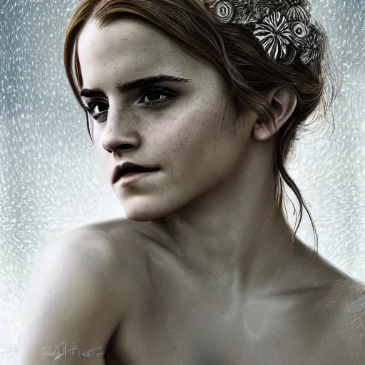 Image similar to Emma Watson in a nymph costume striking a pose, naturist, portrait photography oil on canvas, intricate, portrait, 8k highly professionally detailed, HDR, CGsociety