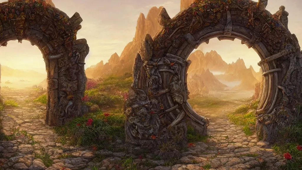 Image similar to A giant medieval fantasy portal gate with a rusty gold carved lion face at the center of it, the portal takes you to another world, full of colorful flowers on the lost Vibes and mountains in the background, spring, delicate fog, sea breeze rises in the air, by andreas rocha and john howe, and Martin Johnson Heade, featured on artstation, featured on behance, golden ratio, ultrawide angle, f32, well composed