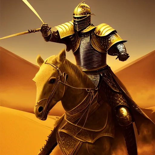 Prompt: the king of the Desert in Battle, Knight with a golden helmet and a Silver Armour, dust and blood in the air, close to defeat, Dramatic Scene, Heroic Battle Scene, dark, intricate, cinematic lighting, highly detailed, digital art, trending on Artstation, 8k, photorealistic