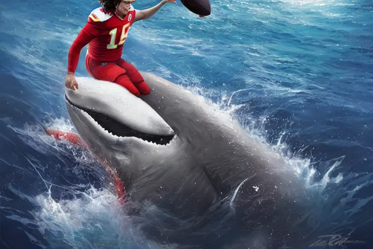 Image similar to a whale who loves patrick mahomes and the nfl by greg rutkowski, rossdraws, gil elvgren, enoch bolles, anime, very coherent