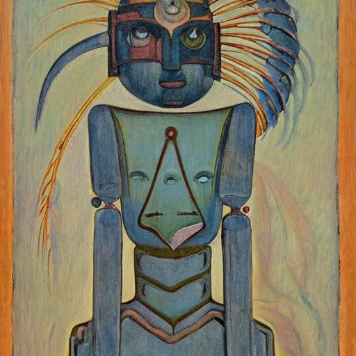 Image similar to portrait of a robot shaman, by annie swynnerton and and rufino tamayo and jean delville and edward hopper and evelyn de morgan, art deco shaman, stylized flowers, art brut, outsider art, symbolist, dramatic lighting, god rays, elaborate geometric ornament, clean crisp graphics, smooth sharp focus, extremely detailed, adolf wolfli