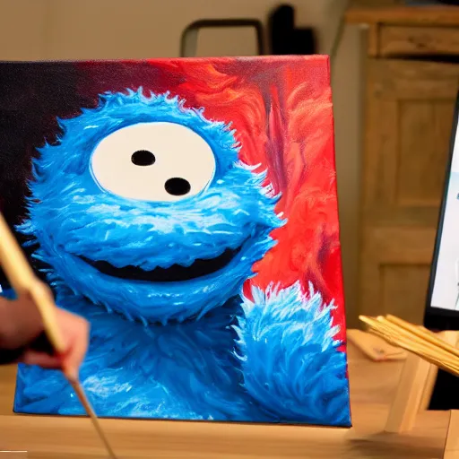 Image similar to a closeup photorealistic photograph of bob ross working on a canvas painting of cookie monster. film still. brightly lit scene. mountains and trees. this 4 k hd image is trending on artstation, featured on behance, well - rendered, extra crisp, features intricate detail, epic composition and the style of unreal engine.