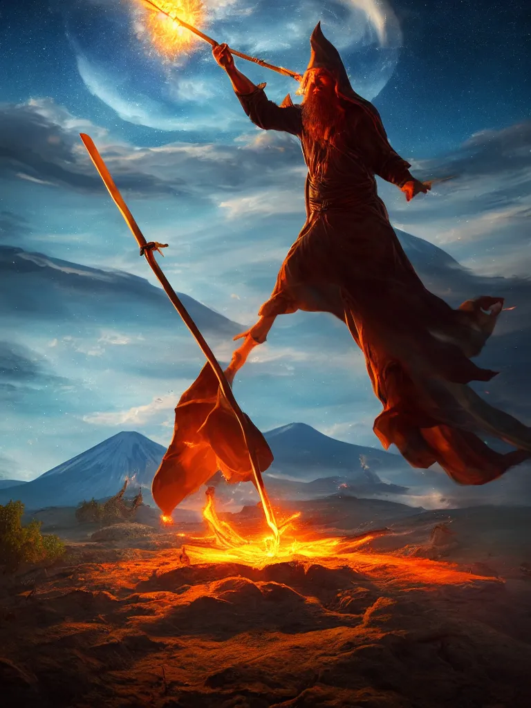Prompt: levitating wizard wielding a spear, opening a shining portal, night sky, horizon of an erupting volcano, 4 k, ultra realistic, detailed, epic lighting, high detail, masterpiece, trending on artstation