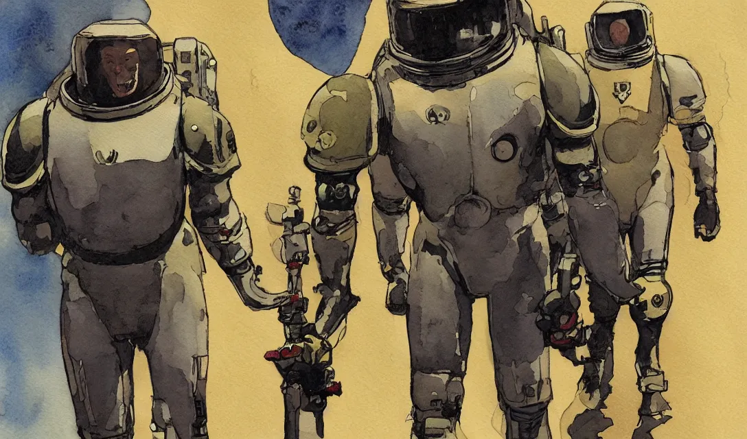 Image similar to male, full body, modern space suit, very stylized character design, large shoulders, short torso, long thin legs, tiny feet, science fiction, hyperdetailed, technical suit, space marine, watercolor digital painting, by mike mignola, by alex maleev, jean giraud, painted by leyendecker