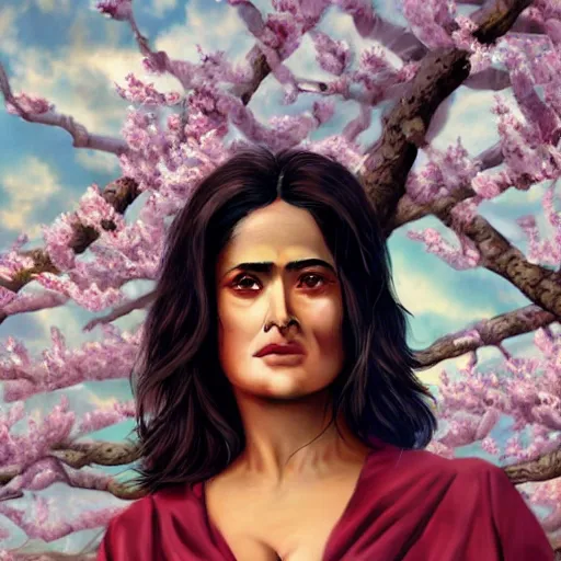 Prompt: portrait of salma hayek in the style of stefan kostic, realistic, body shot, sharp focus, 8 k high definition, insanely detailed, intricate, elegant, art by stanley lau and artgerm, cherry blossoms