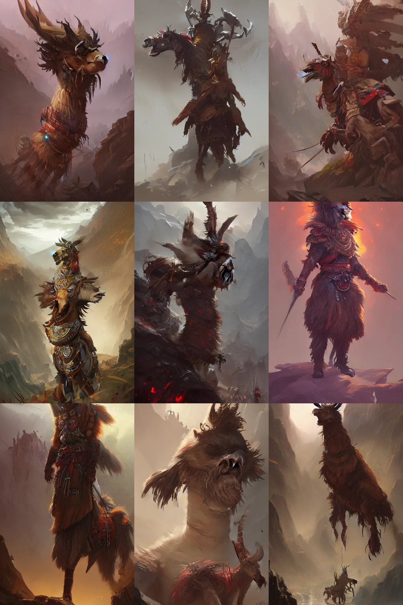 Prompt: Hyperdetailed masterpiece concept art of Llama warrior of the Incas hyperdetailed concept art by Greg Rutkowski and Ross Tran, high quality DnD illustration, trending on ArtStation, all rights reserved Wizards of the Coast.