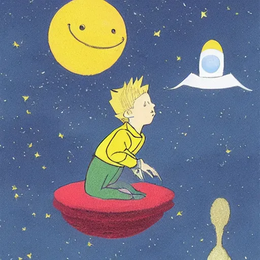 Image similar to the little prince on a little planet floating in space, illustration by antoine de saint - exupery