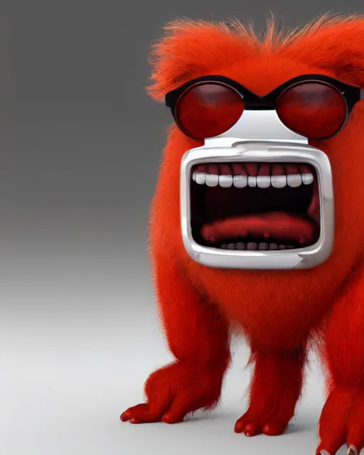 Image similar to 3 d render of completely red hairy friendly antropomorphic cartoony creature wearing chrome shades, full body, simple, cute, white background, unreal engine 5 hdr