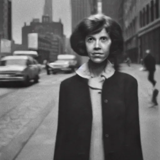 Prompt: street photography portrait of a woman in new york from the year 1 9 6 0, ultra - detailed hyper - realistic, photographed on damaged film