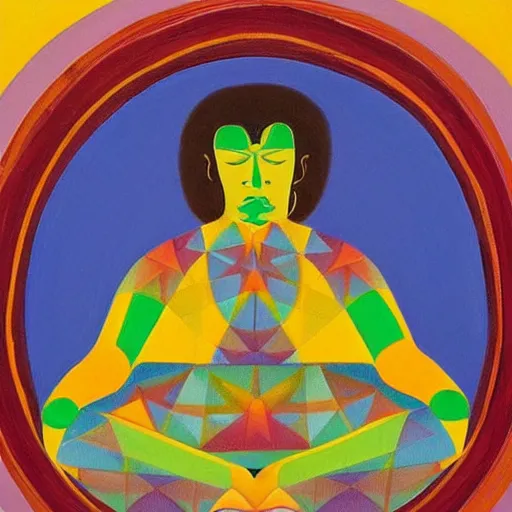 Prompt: A beautiful painting of a man with a large head, sitting in what appears to be a meditative pose. His eyes are closed and he has a serene look on his face. His body is made up of colorful geometric shapes and patterns that twist and turn in different directions. It's almost as if he's sitting in the middle of a kaleidoscope! goldenrod by Bruce Munro weary