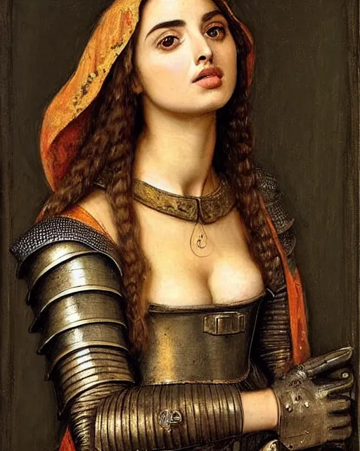 Image similar to medieval portrait of stunning ana de armas, dressed as an armored knight, perfect face, in the style of eugene de blaas