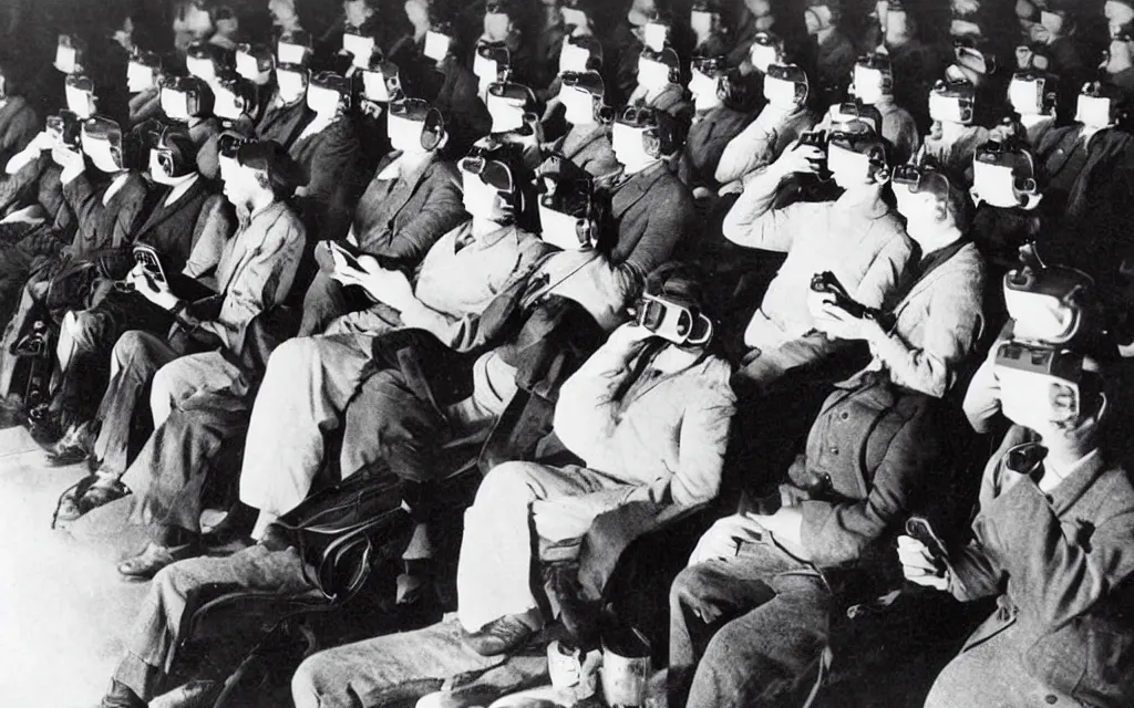 Image similar to 1 9 0 0 s photo of people using iphones ipods virtual reality headsets vr watching hd tv in a movie theater